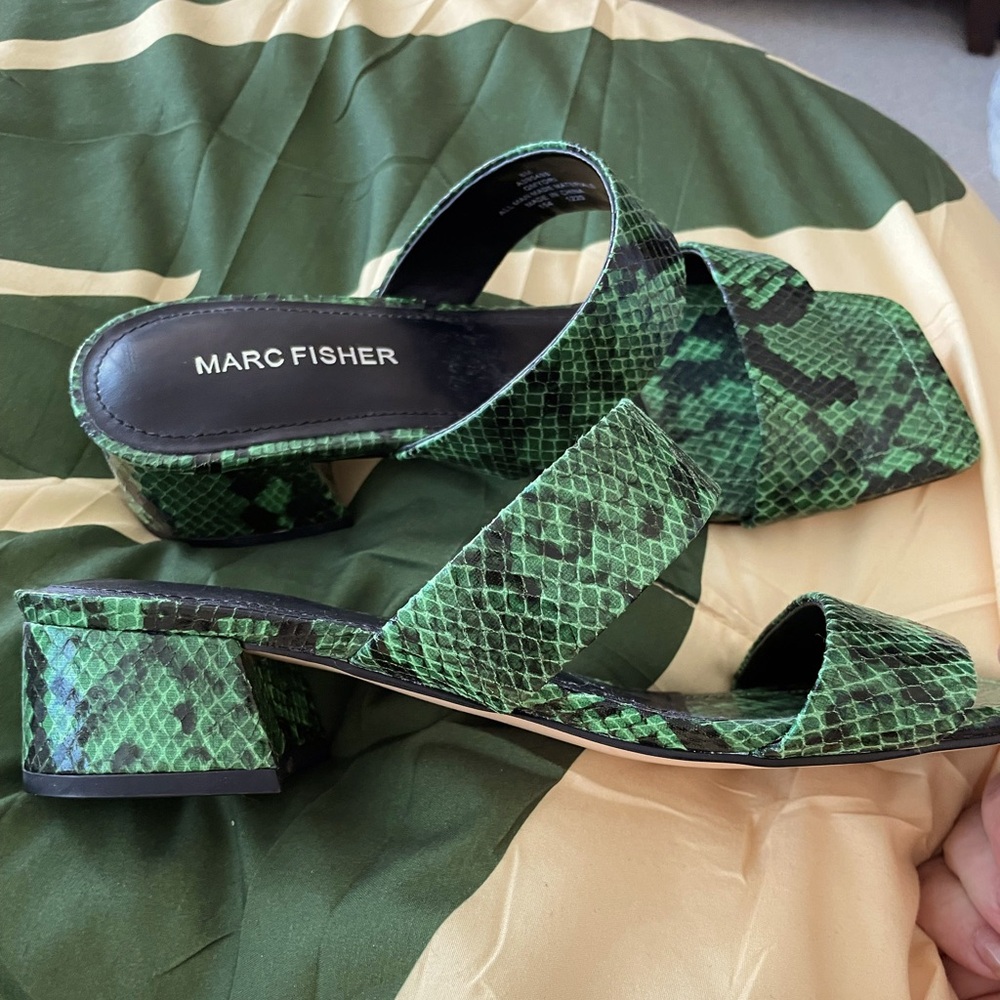 1 inch heal, square front, never worn sandals, green and black snakeskin leather